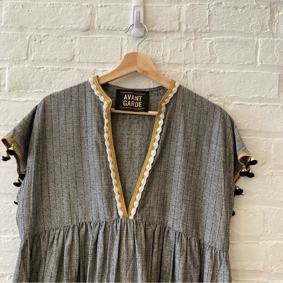 Avant Garde || Embroidered Tasseled Dress Cotton Black Gold Small - Picture 2 of 8